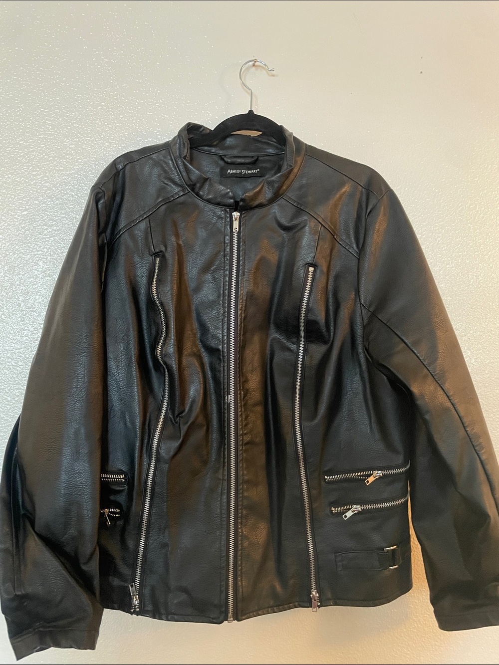 Ashley Stewart Black Faux Leather Zip-Up Bomber Jacket